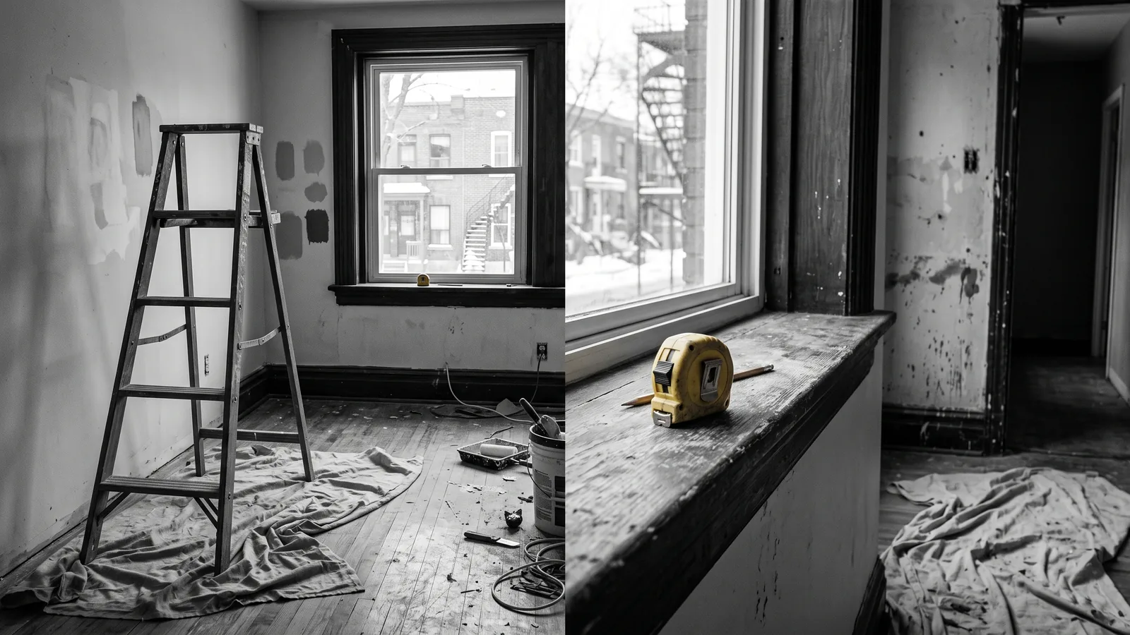 Logement en renovation avec echelle et ruban a mesurer, contexte de renoviction au Quebec