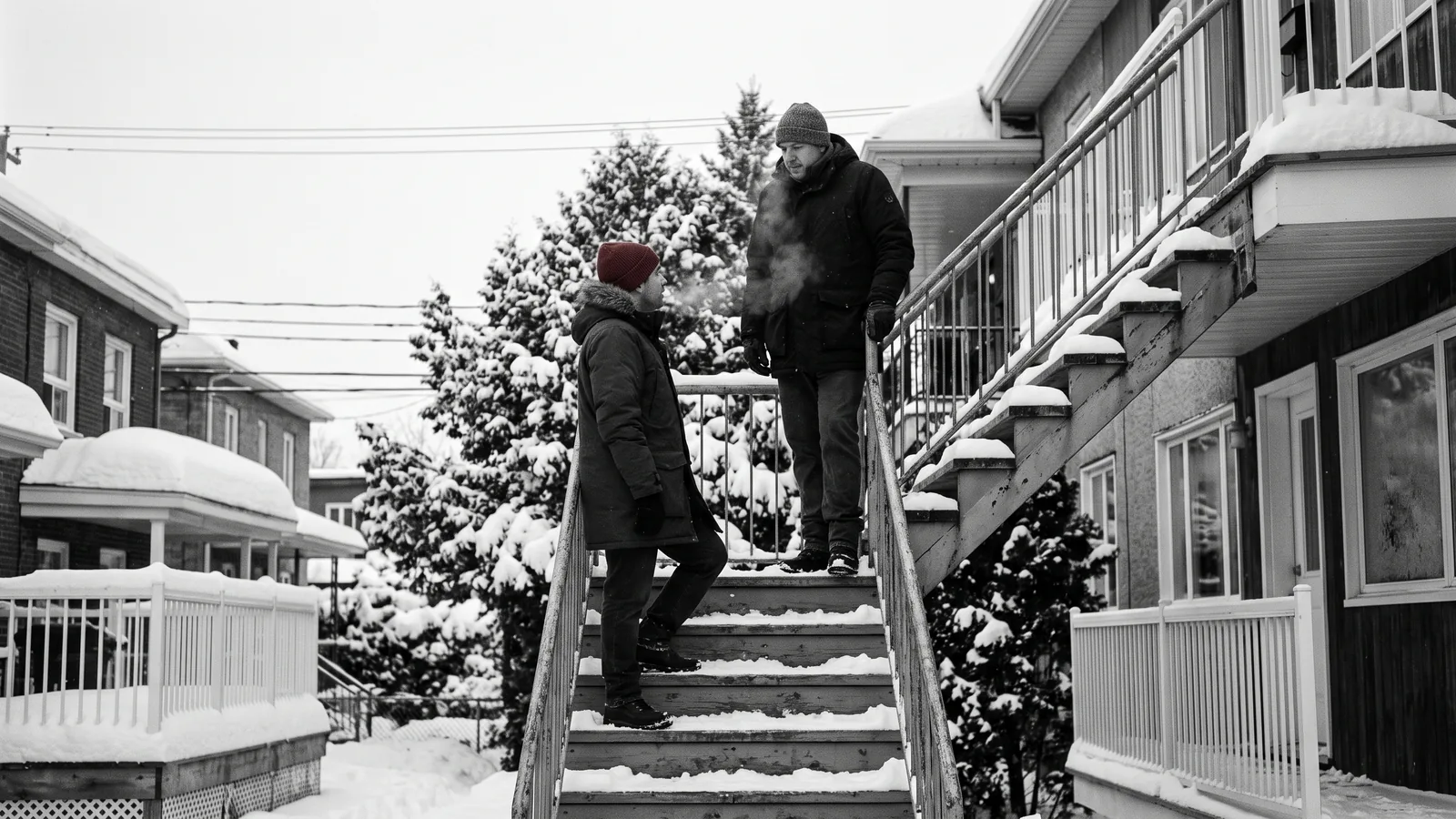 Voisins discutant d'une augmentation de loyer dans un escalier enneige