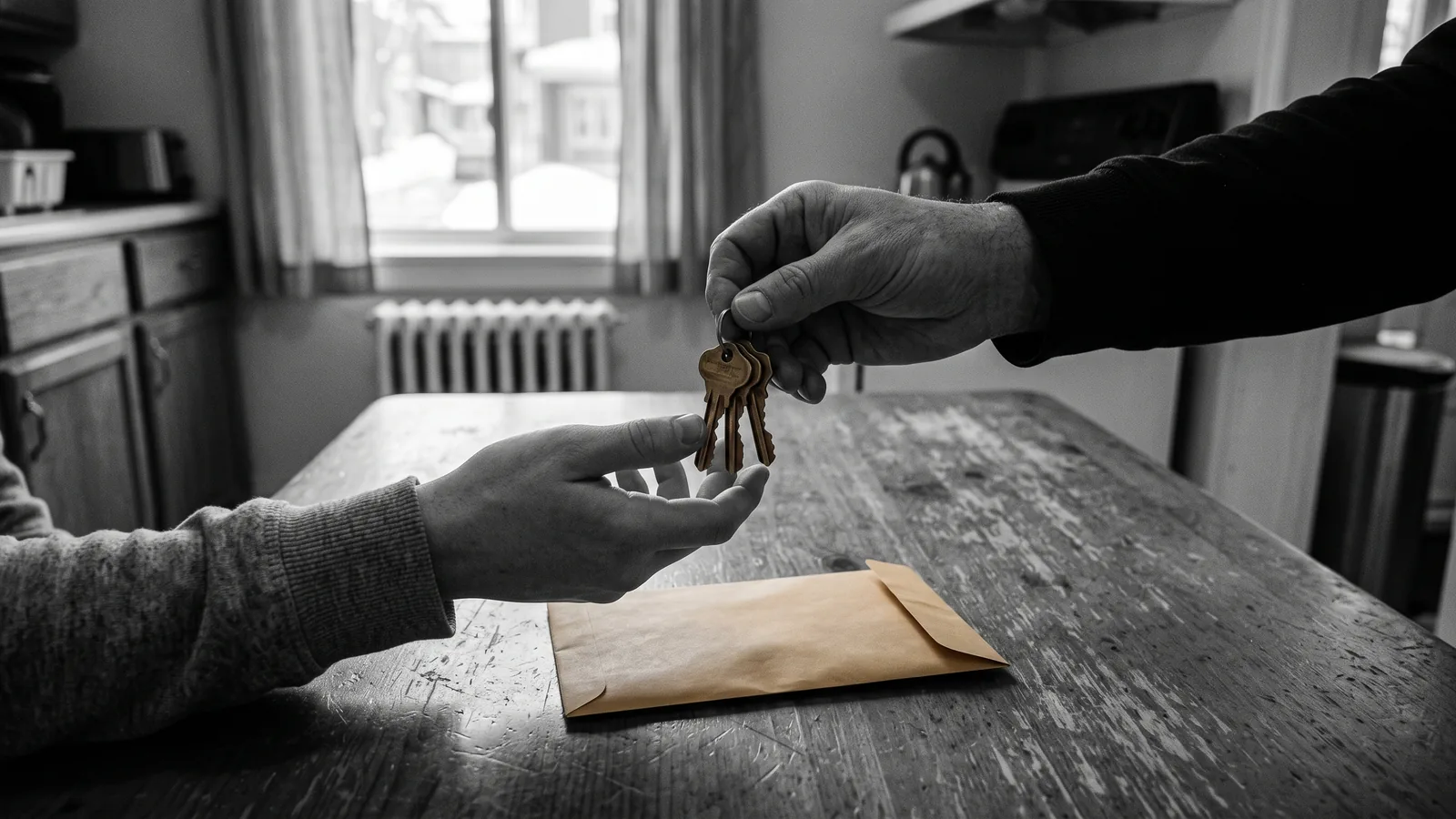 Enveloppe d'argent échangée contre des clés de logement lors d'un cash for keys au Québec.