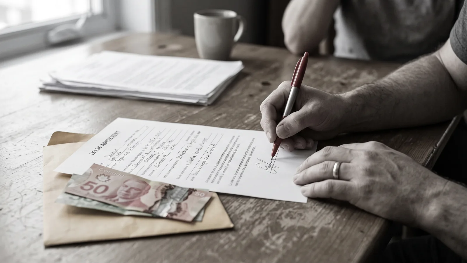 Main signant une entente de cash for keys, enveloppe d'argent a cote