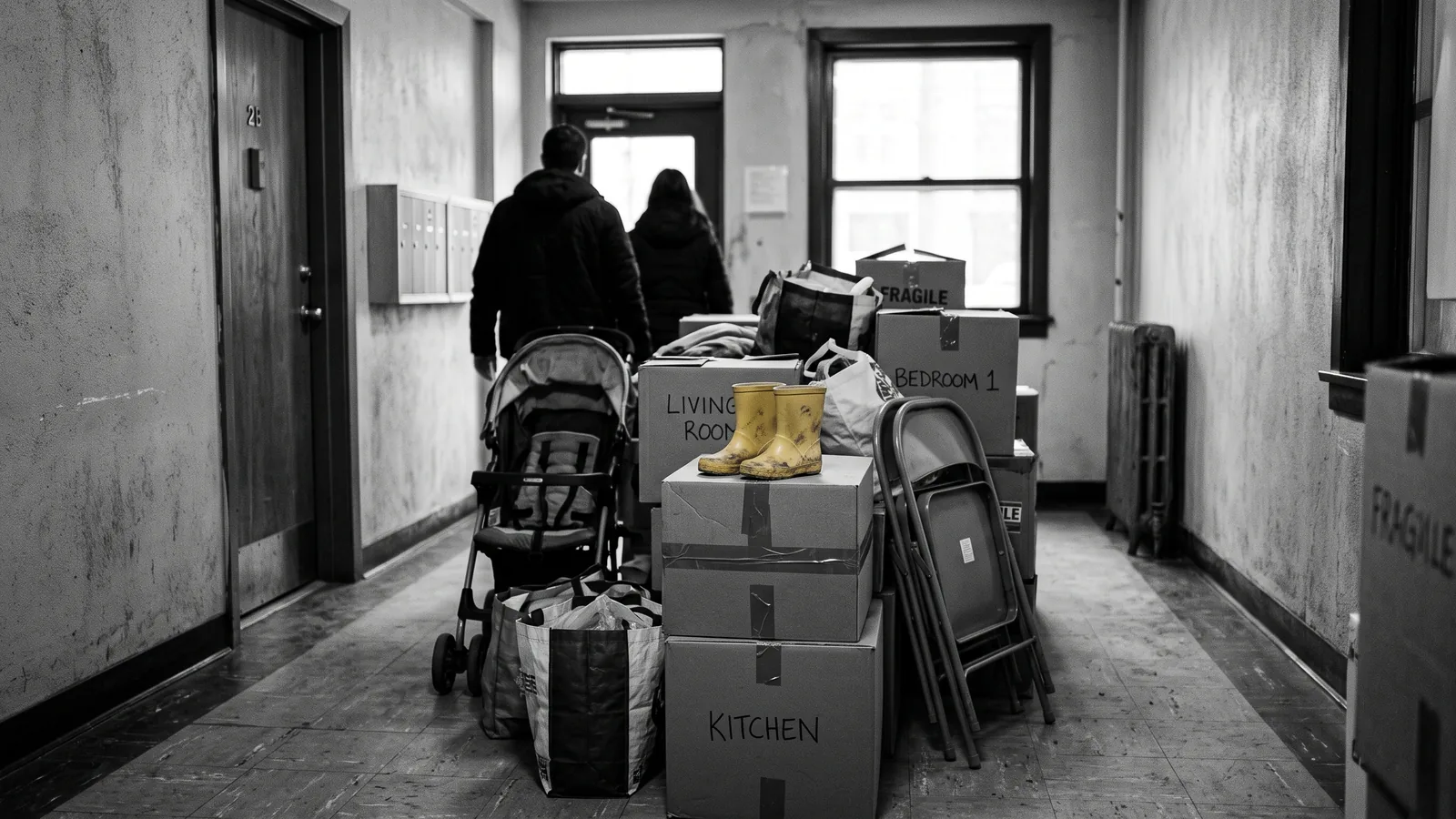 Effets d'une famille dans un hall, menages menaces d'eviction a Cote-des-Neiges