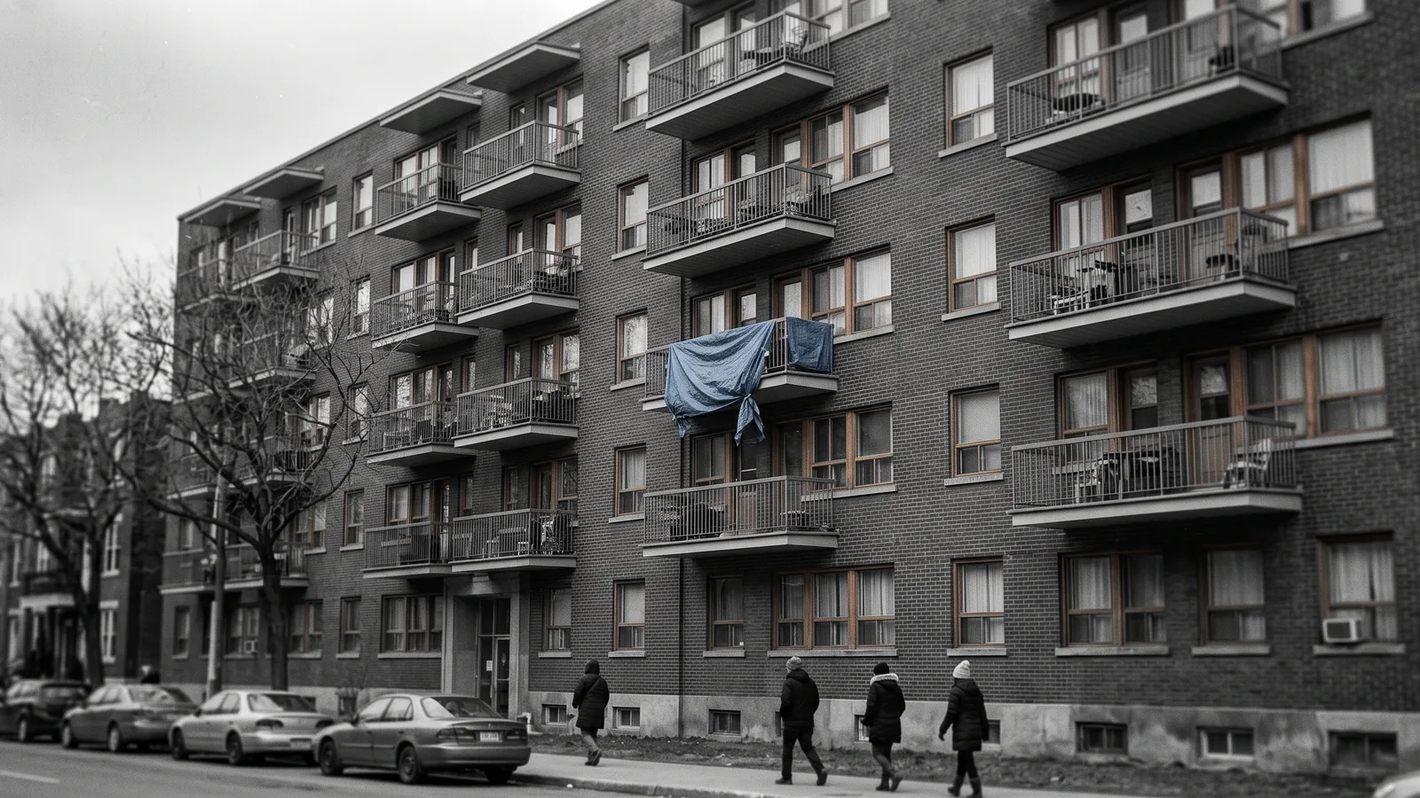Boîtes de déménagement devant un immeuble en brique, ménages menacés d'éviction à Côte-des-Neiges.