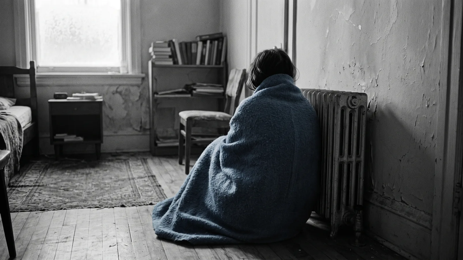 Locataire emmitoufle pres d'un radiateur froid apres qu'on ait coupe les services