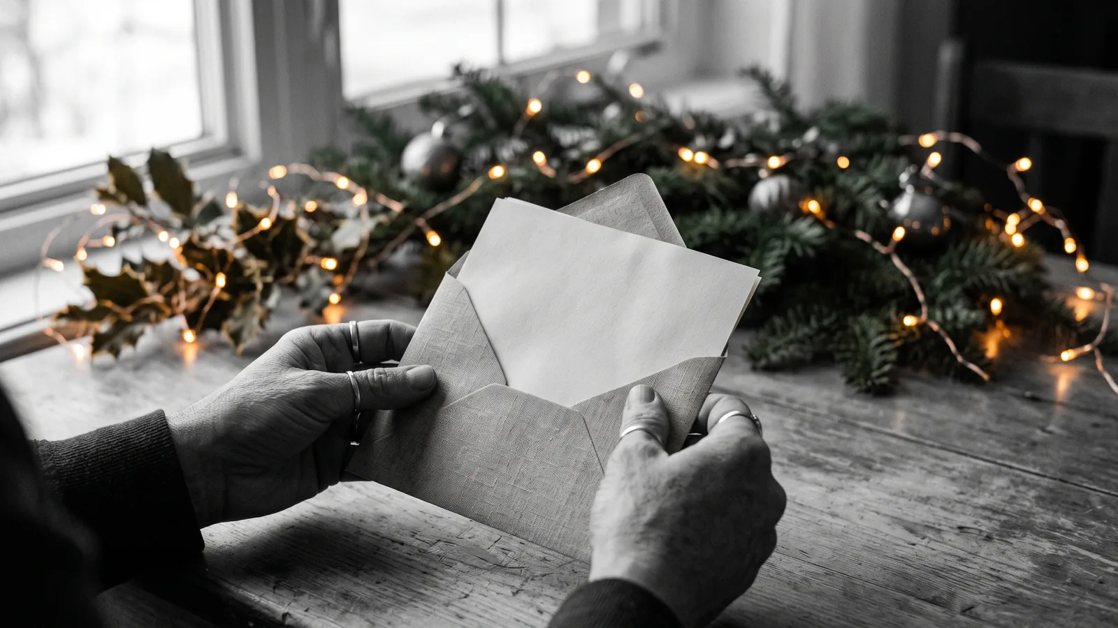 Mains ouvrant une lettre près des décorations, éviction des Fêtes
