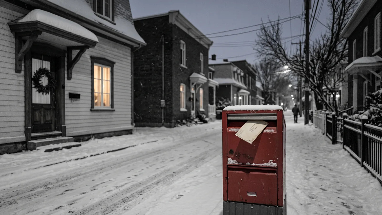 Main retirant une enveloppe d'une boîte aux lettres enneigée, illustrant les évictions au temps des Fêtes