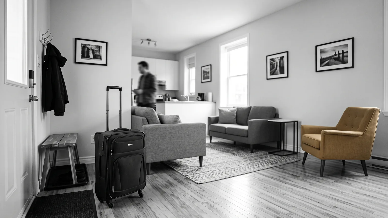 Boîte à clés à code et valise devant un logement, illustrant l'éviction pour un Airbnb illégal