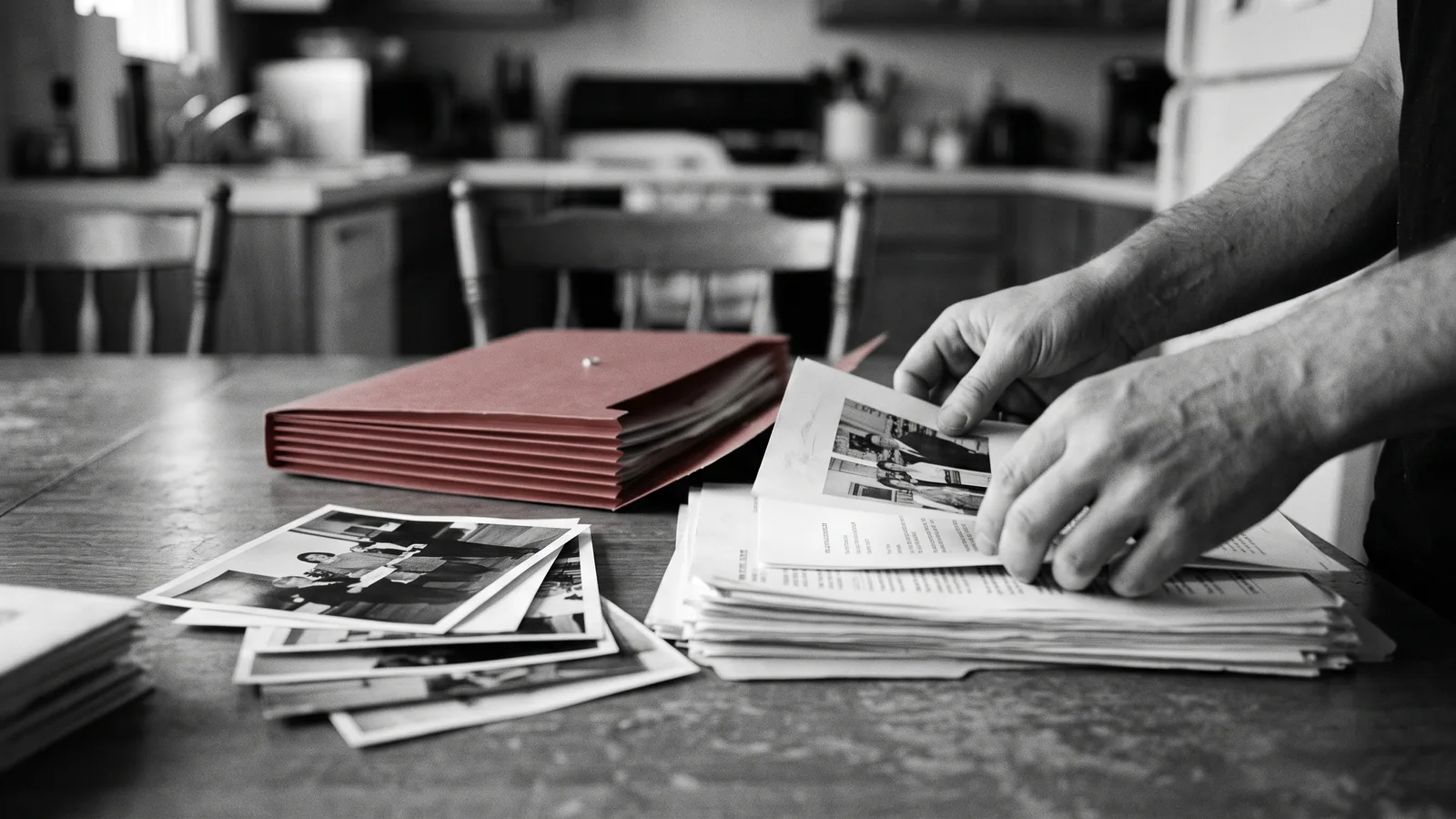 Mains classant documents et photos sur une table, illustrant les gestes pour une reprise en litige au TAL