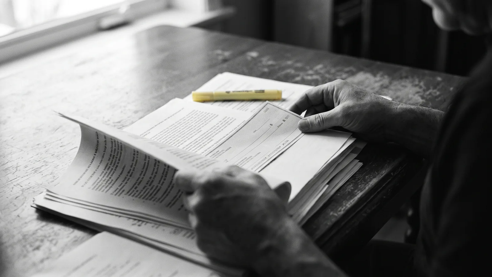 Mains feuilletant des documents et un chèque d'indemnité pour harcèlement et rénoviction