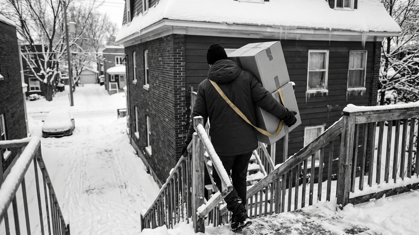 Personne portant des boîtes dans un escalier enneigé, hausse des évictions au Québec