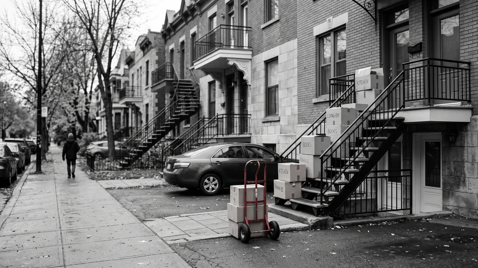 Rue de triplex en brique avec piles de boîtes de déménagement devant plusieurs portes — hausse des évictions