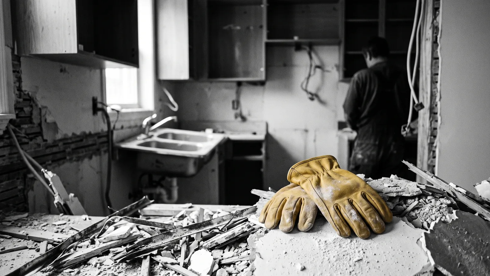 Cuisine arrachée et débris de chantier illustrant une rénoviction condamnée au Québec