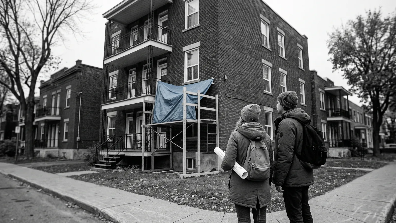 Deux jeunes de dos devant un duplex en rénovation avec échafaudage — rénoviction condamnée par le TAL