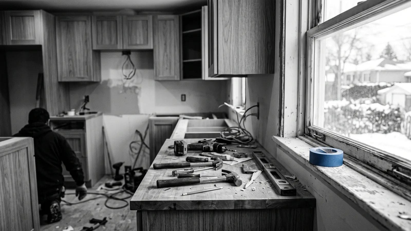 Chantier de rénovation à l'arrêt dans une cuisine : moratoire de la loi 65 sur les rénovictions