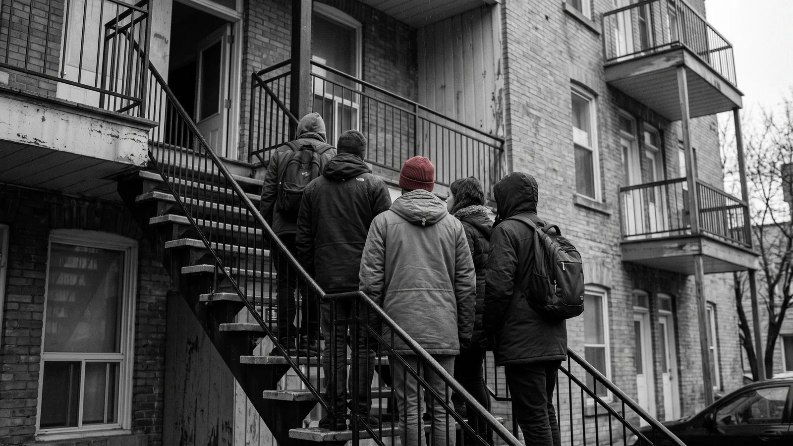Locataires de dos solidaires dans l'escalier, rénoviction contestée, tuque rouge