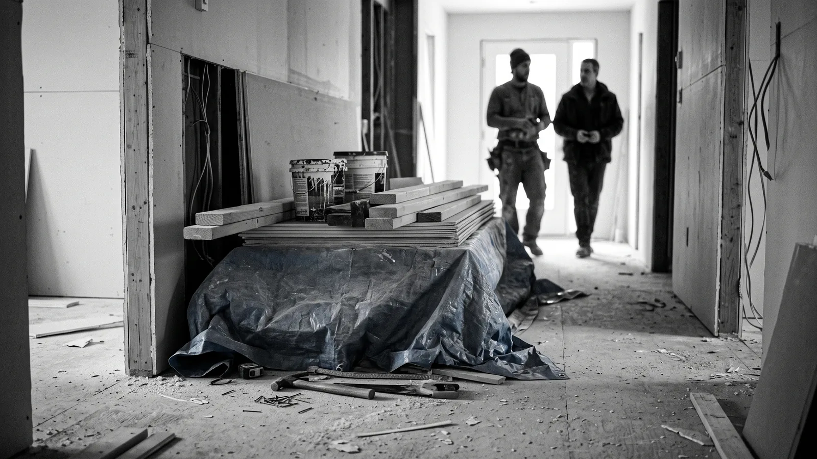Corridor avec matériaux sous bâche bleue, chantier de rénoviction interrompu