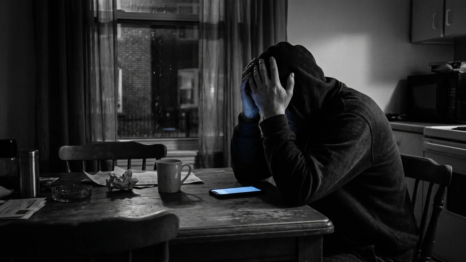 Locataire inquiet le soir, menace de reprise pesante, lueur bleue du téléphone