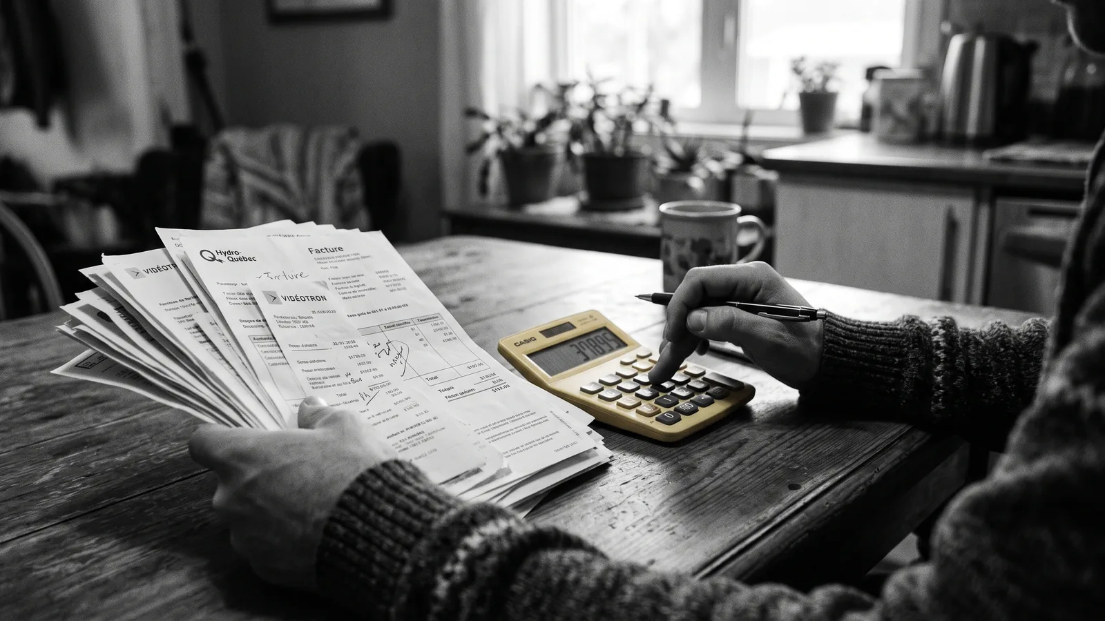 Mains calculant l'amende d'un proprio condamné, calculatrice jaune et factures