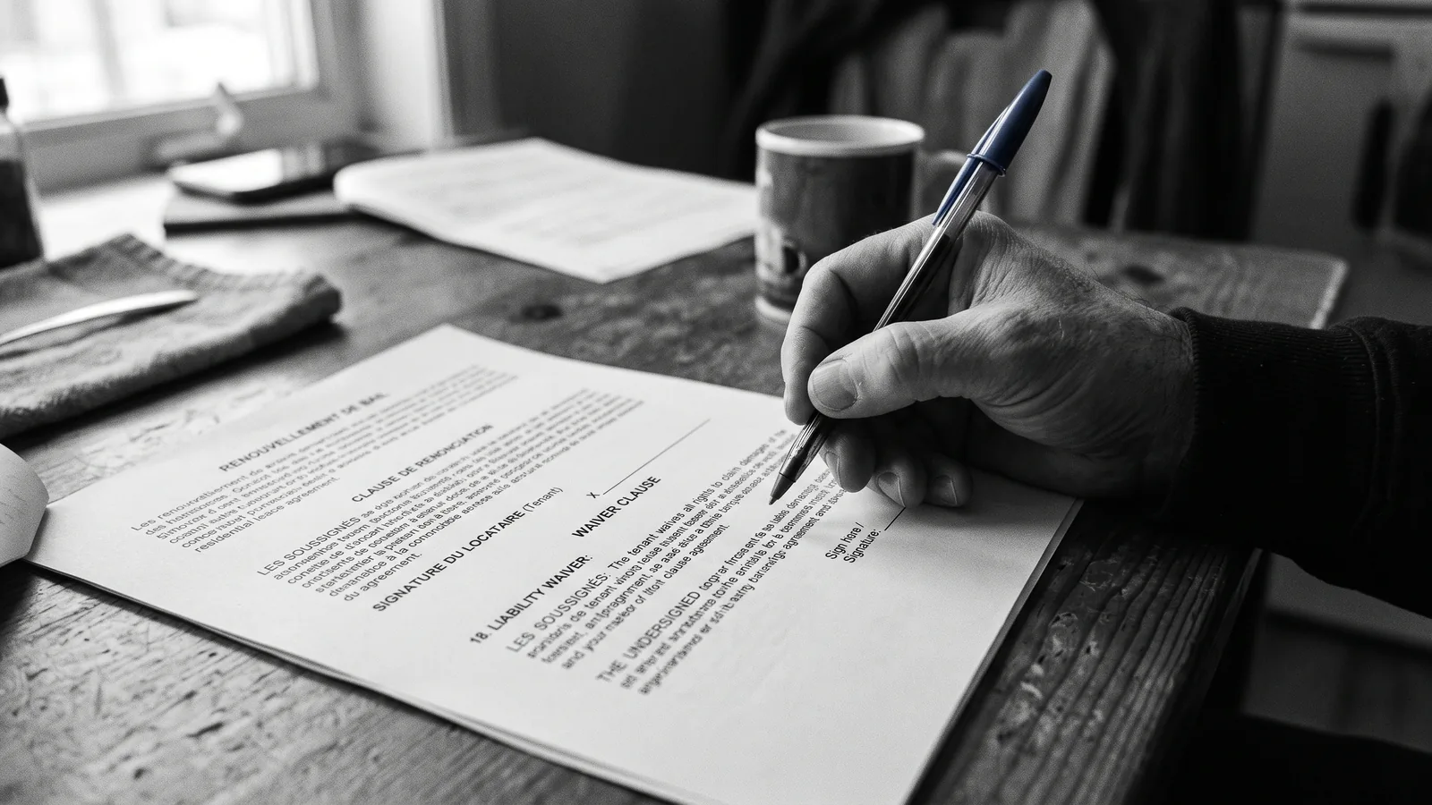 Main hésitant avec un stylo sur un contrat, illustrant la renonciation illégale aux recours du locataire