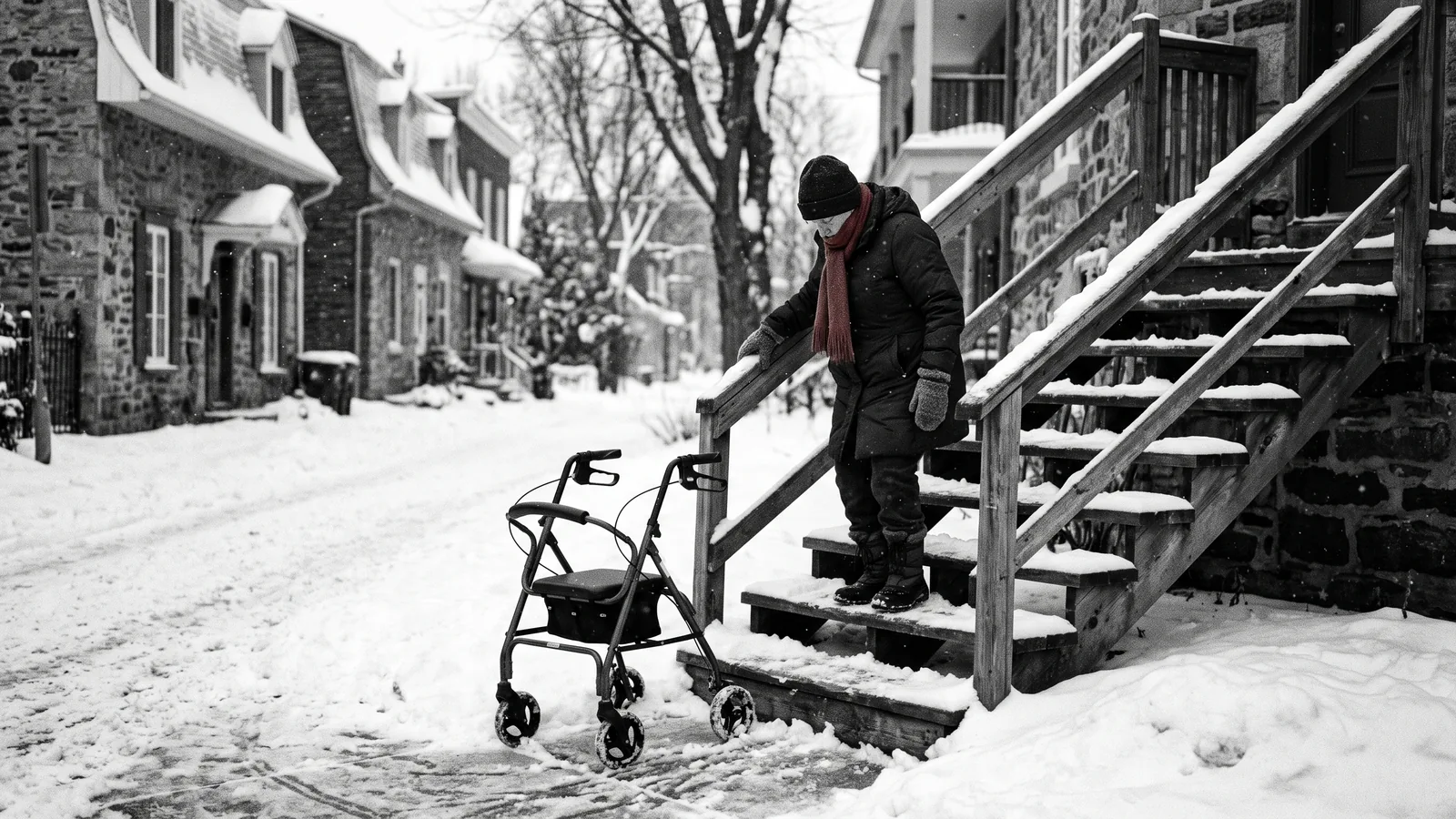 Aîné descendant un escalier extérieur l'hiver, marcheur en bas : rénoviction des aînés.