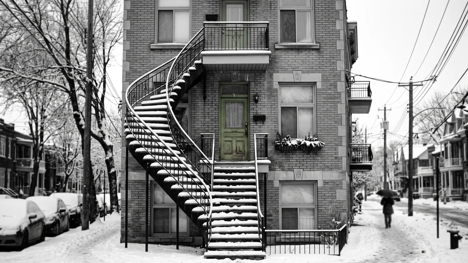 Façade d'un sixplex de brique du Plateau avec échafaudage : cas de rénovictions à Montréal