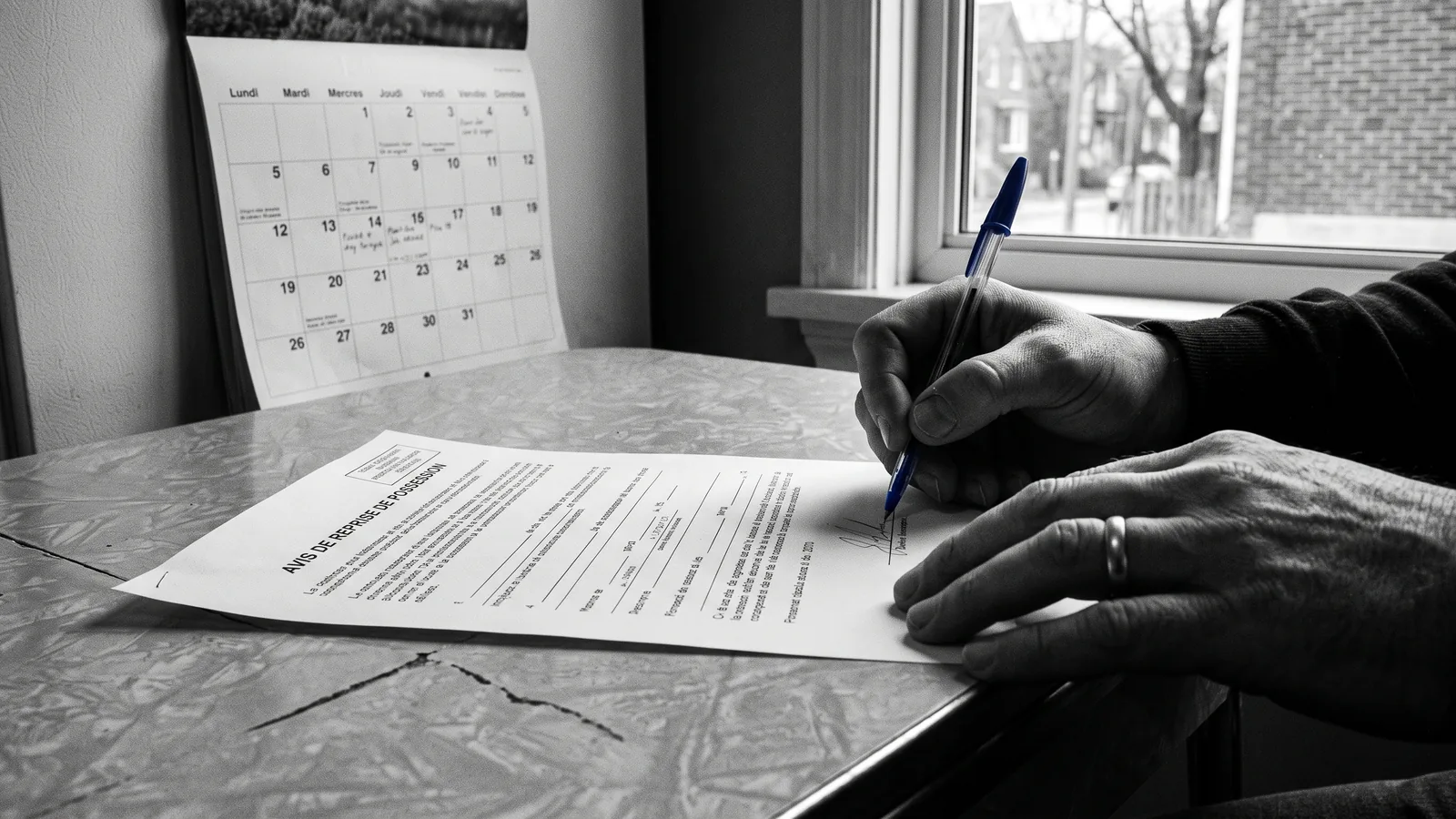 Mains signant un avis de reprise à la table de cuisine : reprise de logement au Québec.