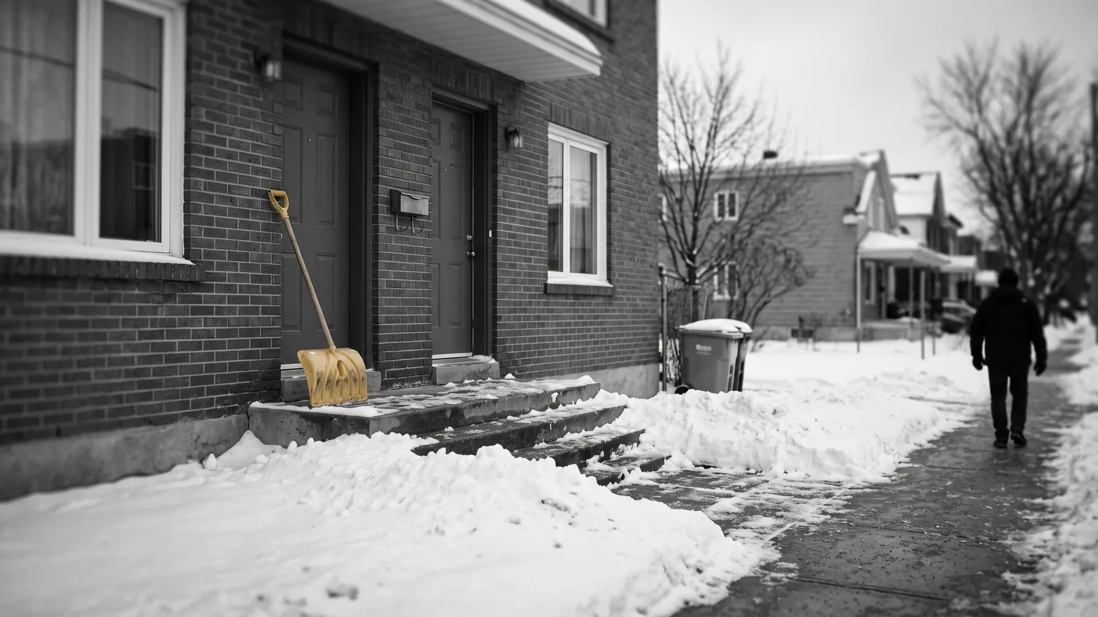 Duplex en brique sous la neige, pelle jaune près des marches : reprise illégale, affaire Bleier.