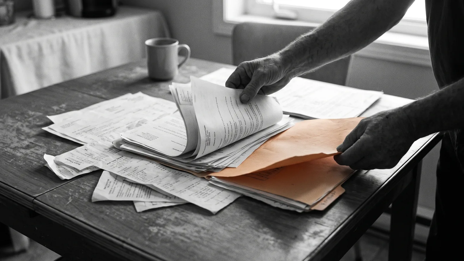 Mains feuilletant un dossier de reprise illégale devant le tribunal du logement