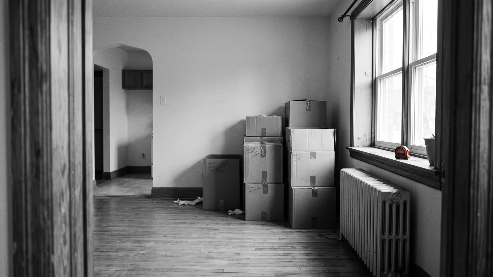 Logement vidé après une reprise illégale, boîtes et ruban à mesurer rouge