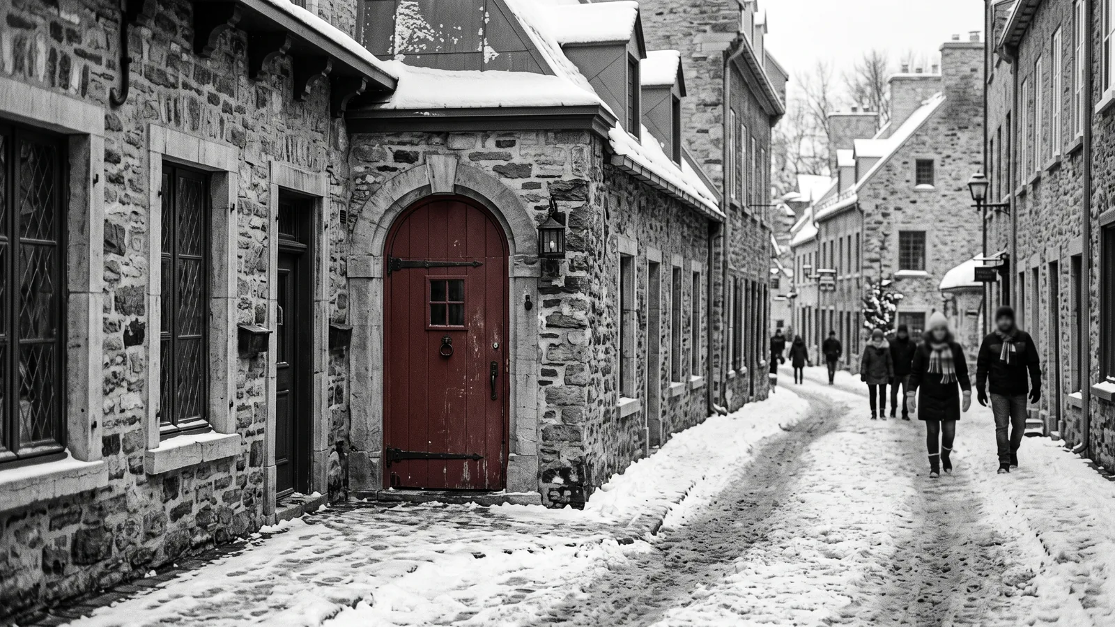Boîte à clés sur la rampe d'un immeuble ancien du Vieux-Québec, évoquant le gel des nouveaux Airbnb