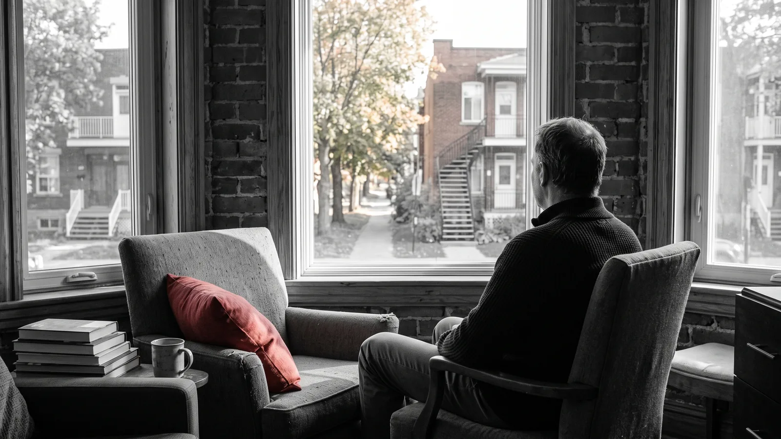 Propriétaire de dos regardant une rue résidentielle ensoleillée, coussin rouge sur le fauteuil — sérénité et revenus accrus.