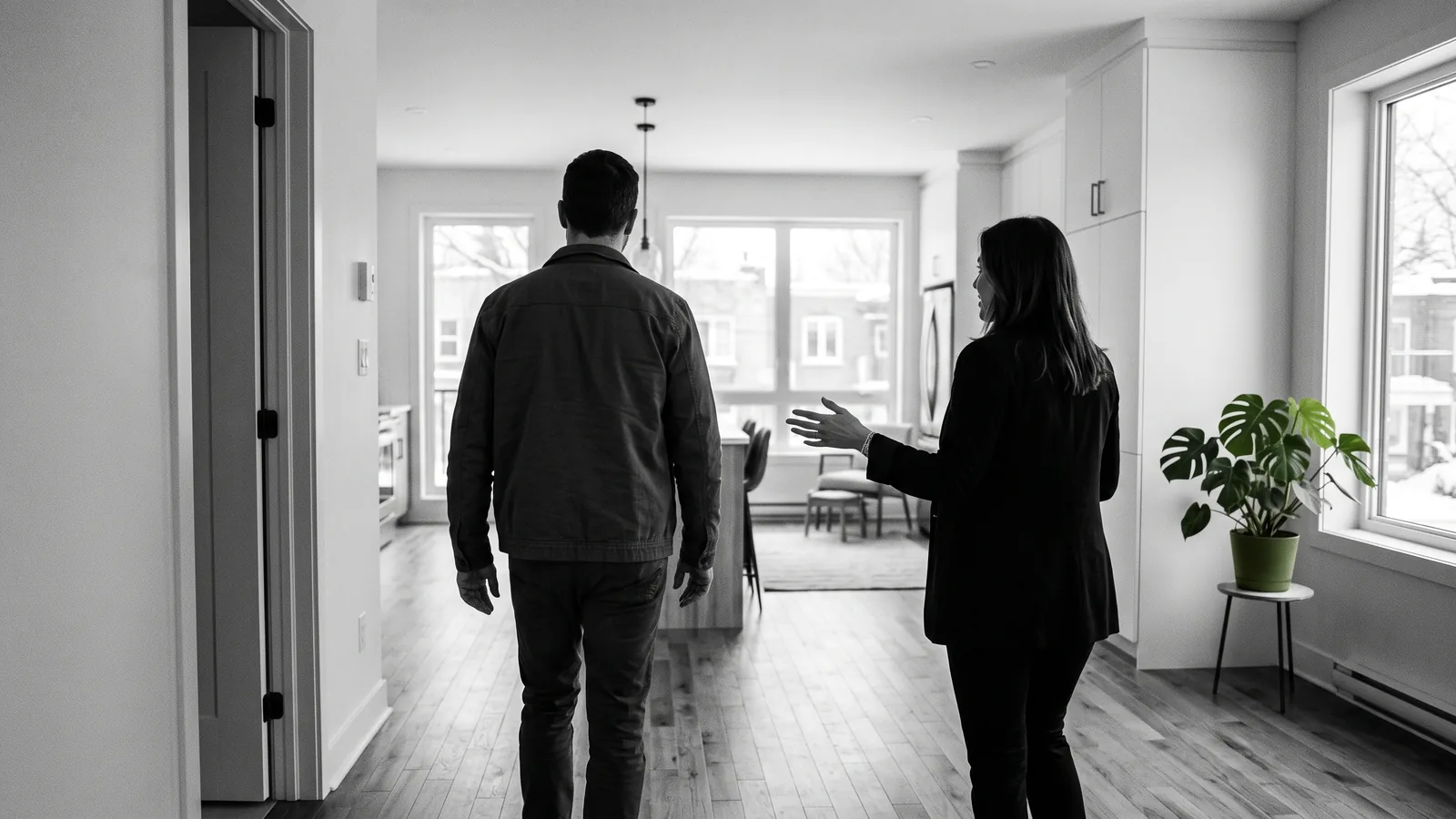 Proprietaire visitant un appartement renove avec un expert, optimisation de loyer